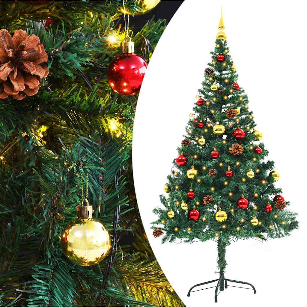 Pre-lit green Christmas tree 150cm with glowing red and gold baubles for festive holiday display