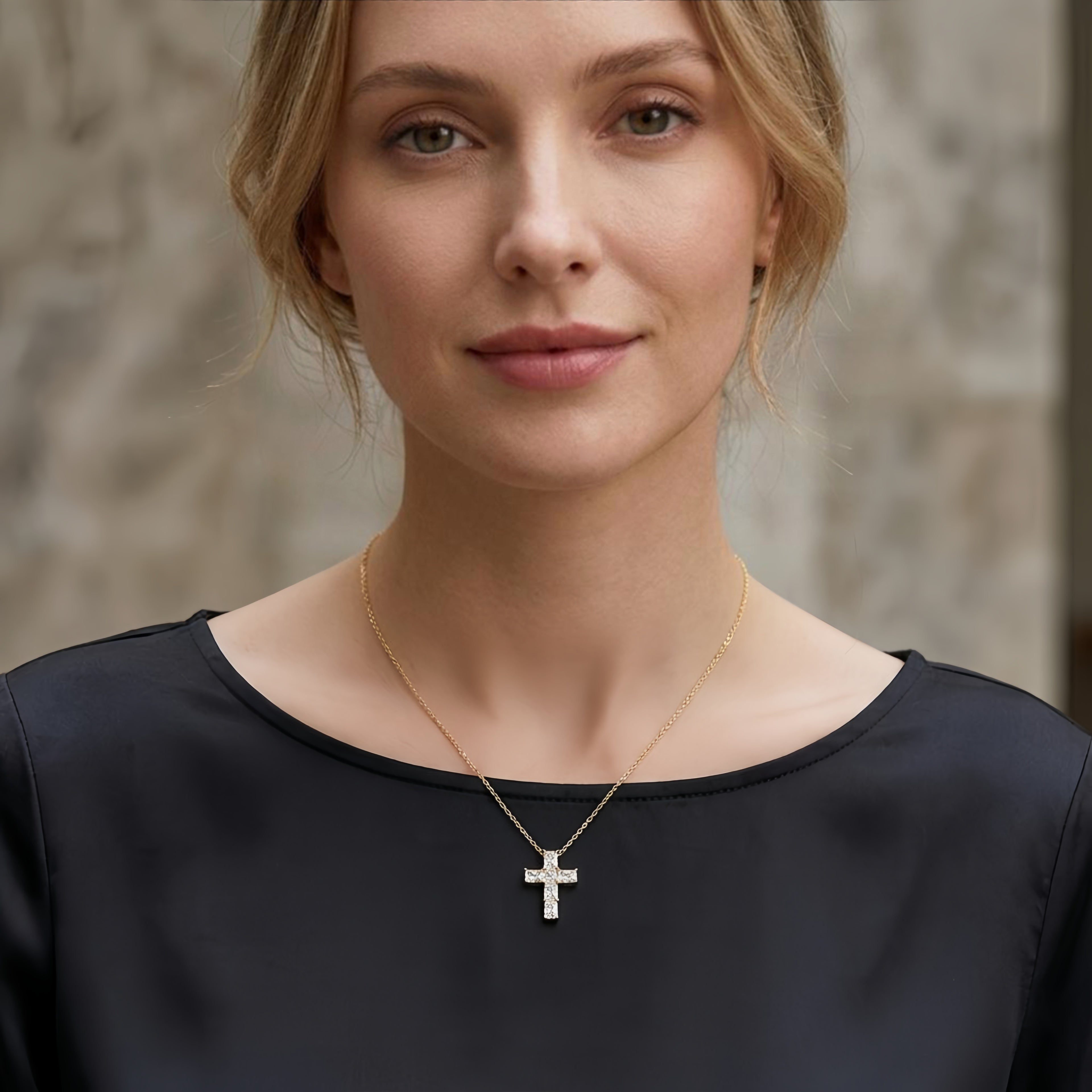 Woman wearing 925 sterling silver CZ cross necklace for everyday faith and devotion