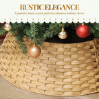 Natural woven tree collar at base of tall Christmas tree with ornaments and farmhouse decor