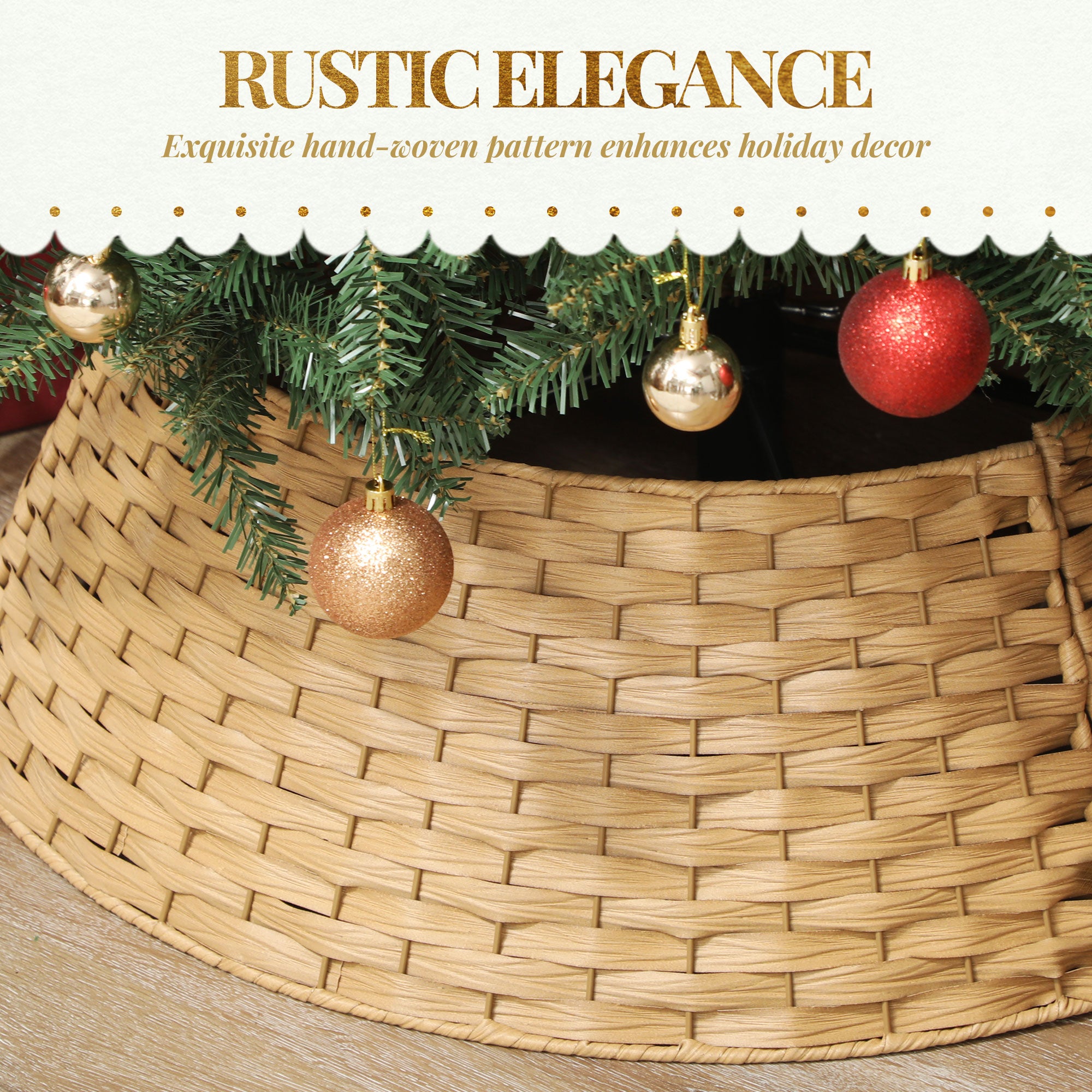 Natural woven tree collar at base of tall Christmas tree with ornaments and farmhouse decor