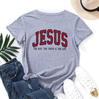 Women's Jesus Printed Loose Cotton T-Shirt in blue round neck detail