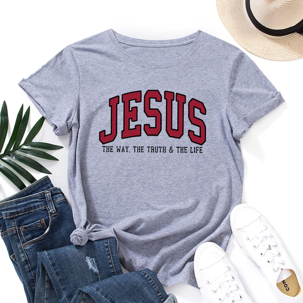 Women's Jesus Printed Loose Cotton T-Shirt in blue round neck detail