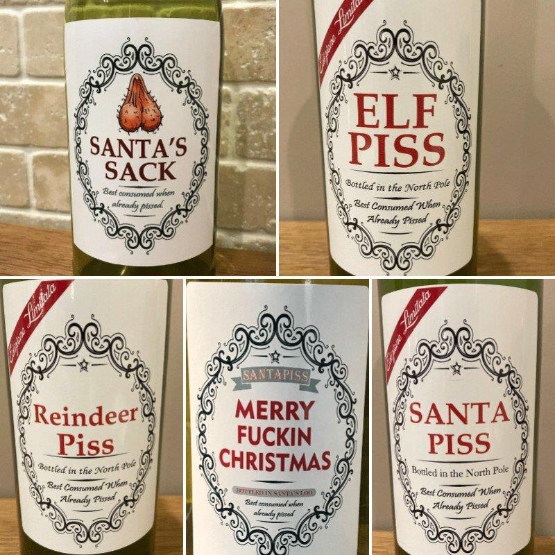 Set of Christmas bottle label stickers showing festive decorative elements
