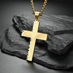 Close-up of polished double cross pendant for men - Christian necklace