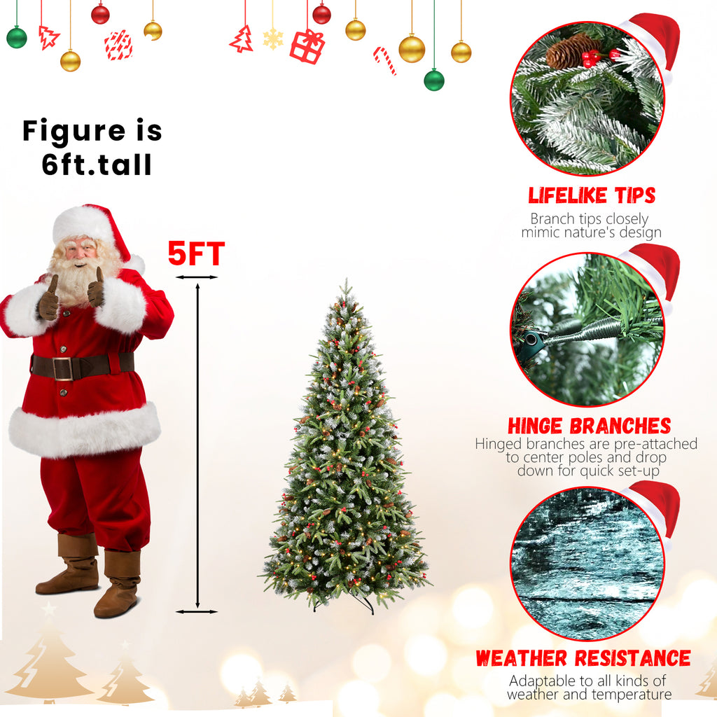 Christmas tree with red berries and pine cones in traditional holiday setting