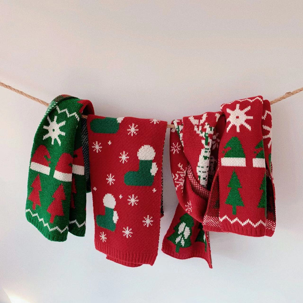 Festive knit scarf with classic holiday tree and deer patterns for children