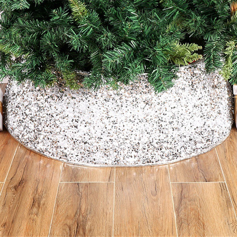 Silver white sequin Christmas tree skirt laid flat showing circular design and dimensions