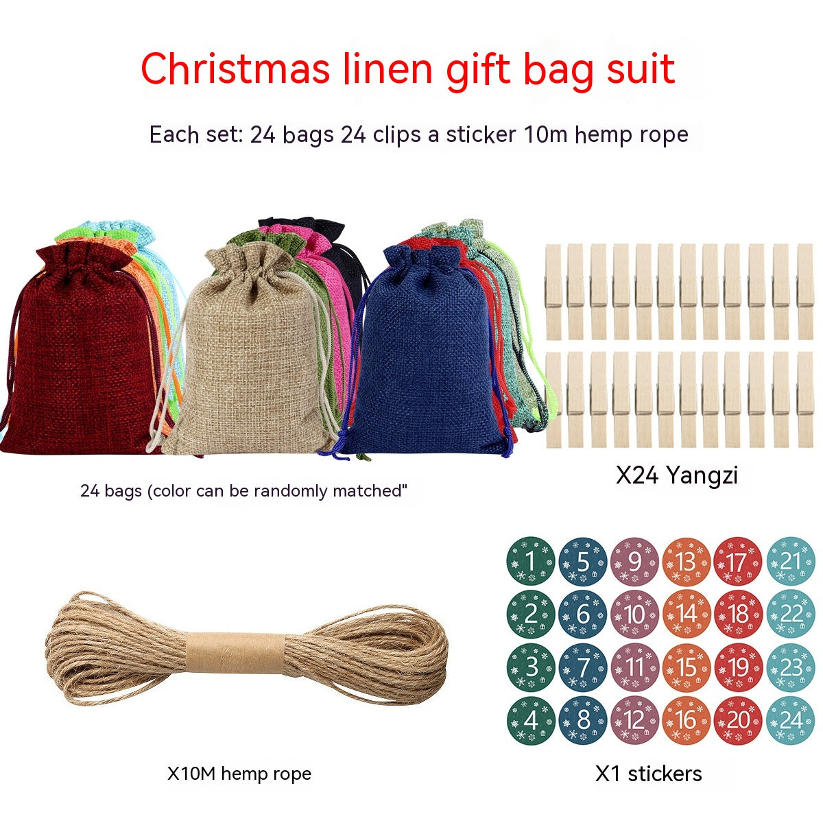 Red linen drawstring Christmas gift bag with festive stickers