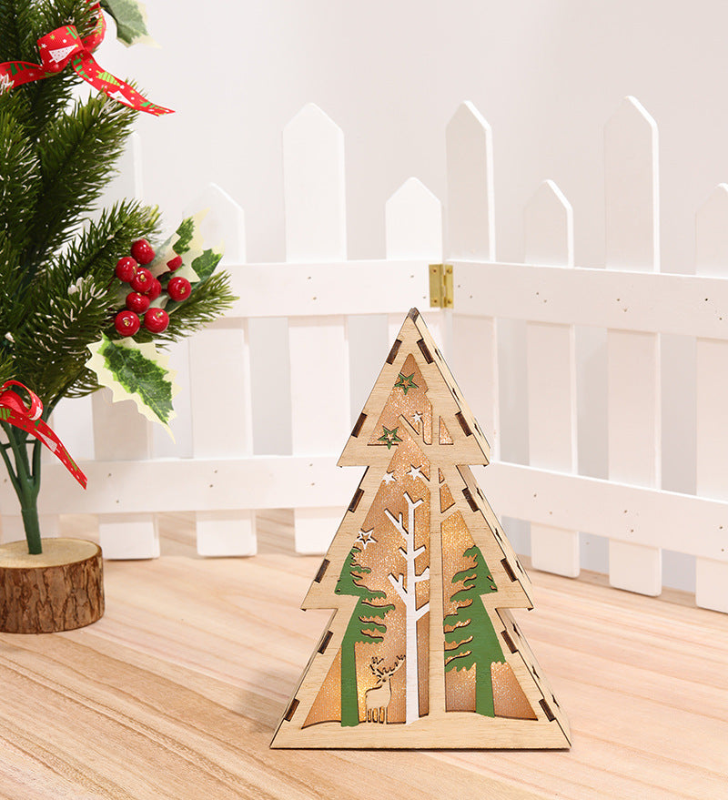 Wooden triangle Christmas ornament with glowing lights featuring deer design for holiday decorating