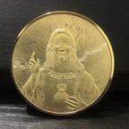 Gold plated Jesus coin with religious inscription detail