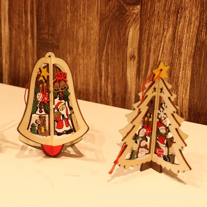 Vintage-style wooden Christmas star and bell ornaments on white background