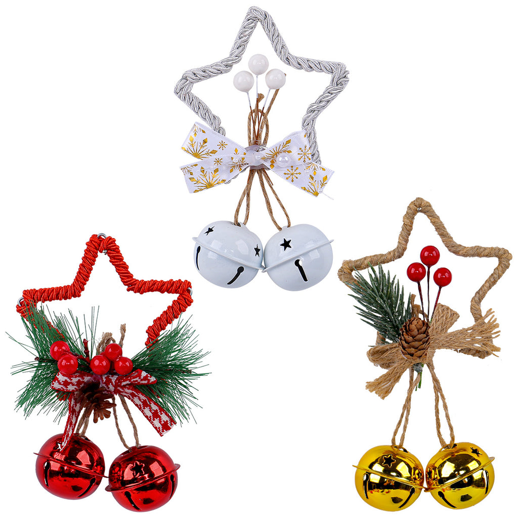 Red star bell Christmas ornament displayed against a festive backdrop with greenery