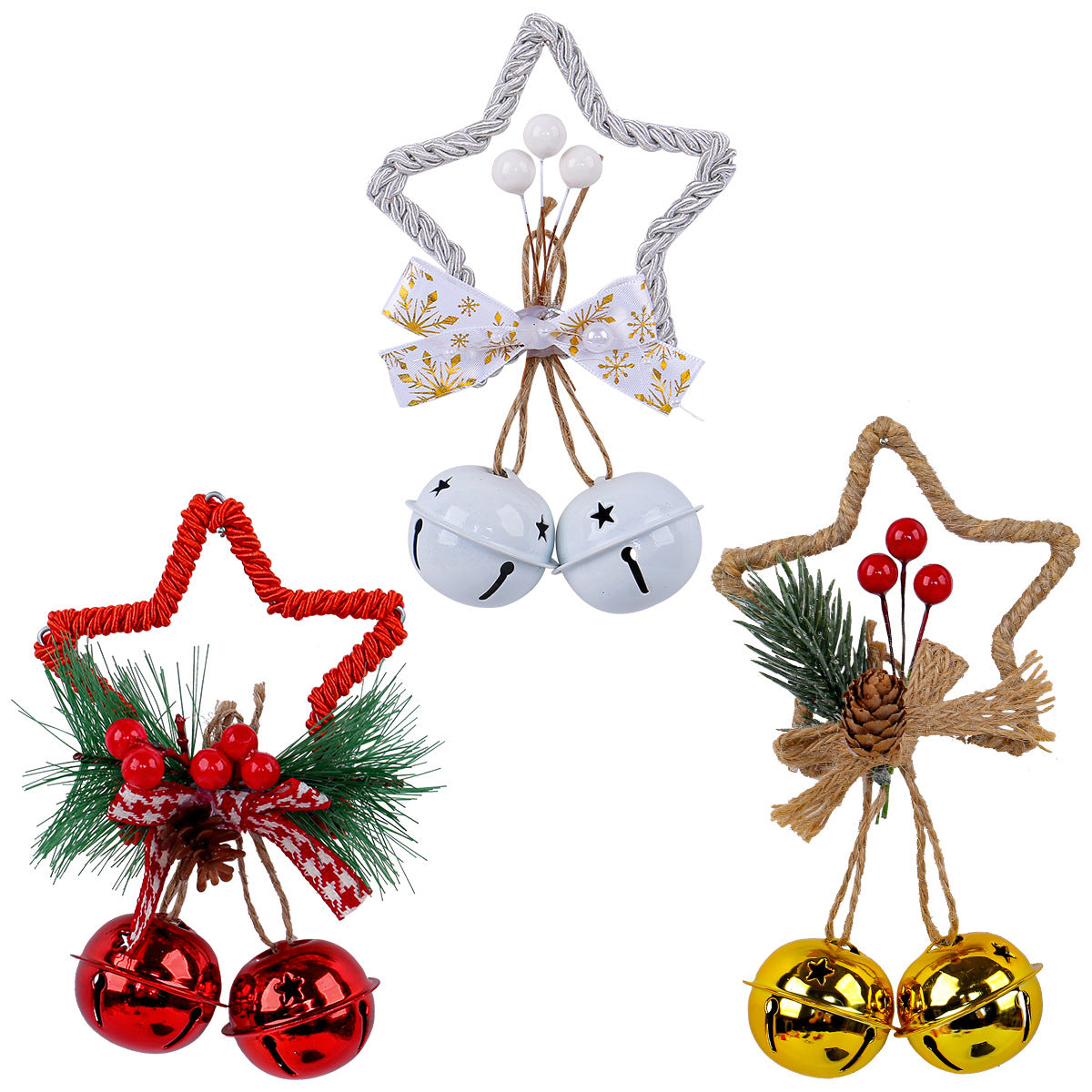 Red star bell Christmas ornament displayed against a festive backdrop with greenery