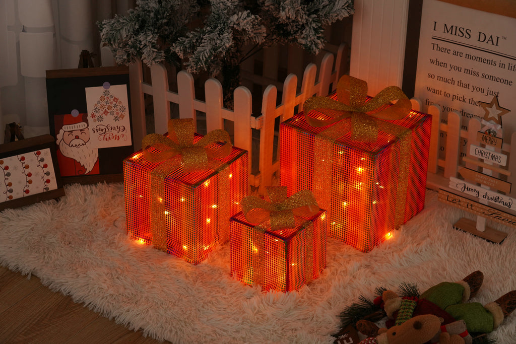 Colorful Christmas gift box string lights glowing warmly for holiday home decor