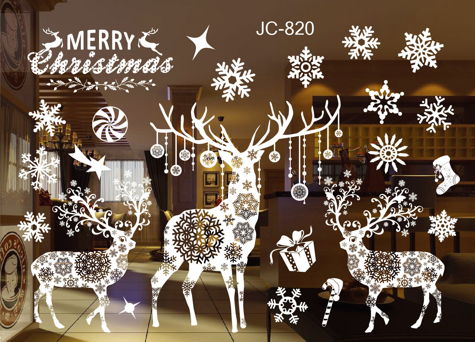 Golden Christmas wall sticker decoration displayed on wall as holiday accent piece