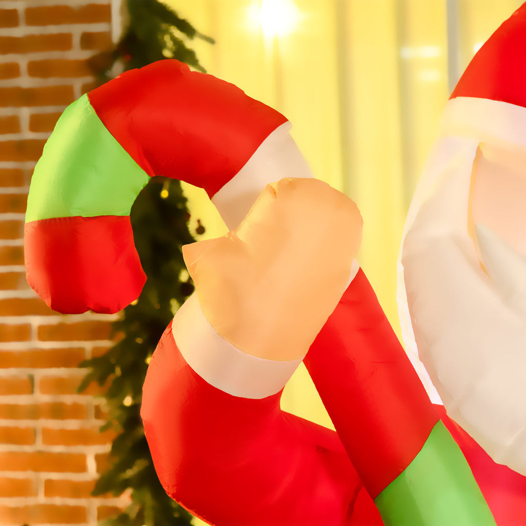 Weather-resistant polyester inflatable Santa with LED lights set up in residential outdoor setting
