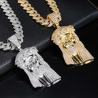 Gold-plated Jesus head pendant necklace displayed on dark background - Christian jewelry