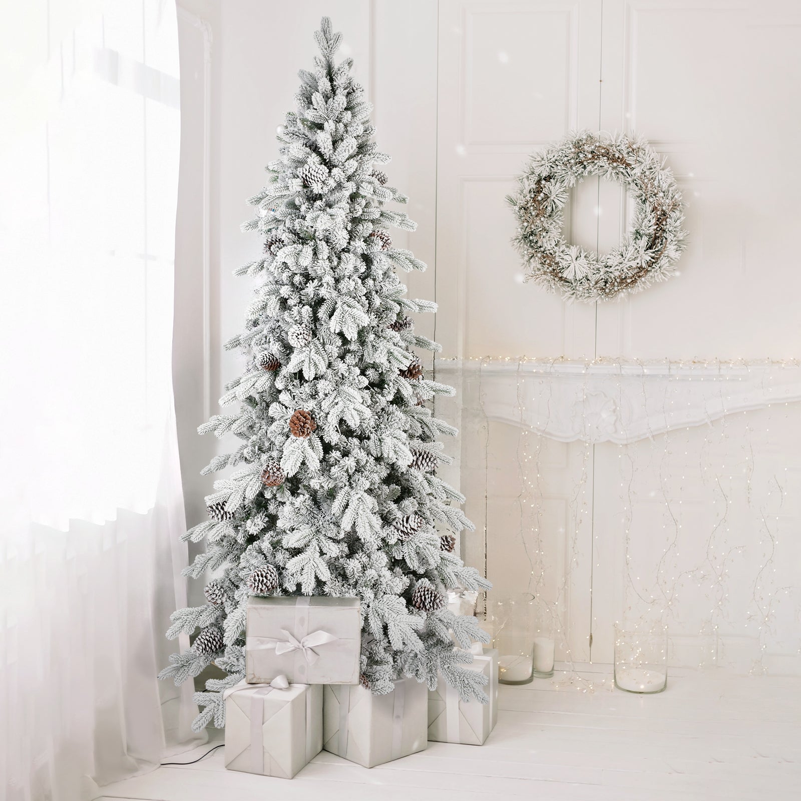 Assembled 7.5ft flocked Christmas tree in decorated setting