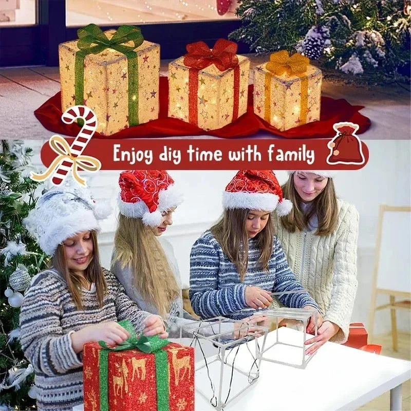 Pre-lit Christmas gift box set with bows illuminated by LED lights