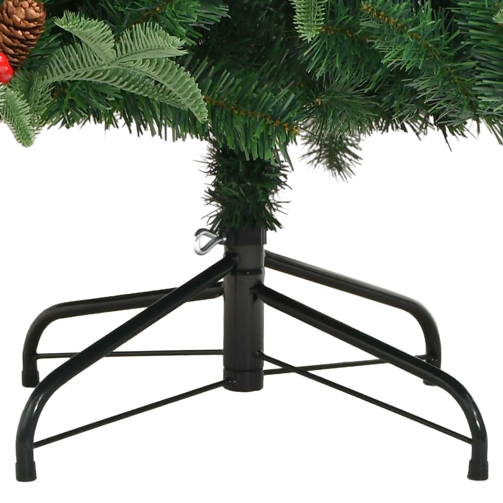 Green folding Christmas tree displaying lifelike cones, berries and layered branches