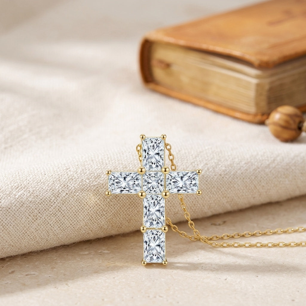 Close-up of princess-cut sparkling stones set in polished gold cross pendant, Christian necklace detail