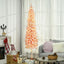7ft pink flocked pencil Christmas tree with warm white LED lights in a cozy living room setting
