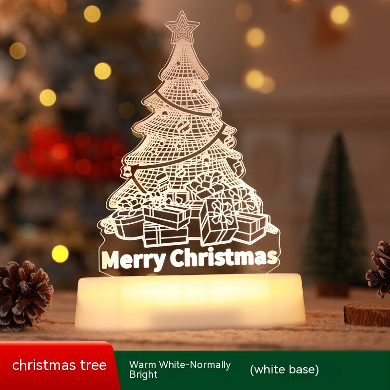 3D acrylic LED night light lamp glowing softly in a dark room for Christmas decor