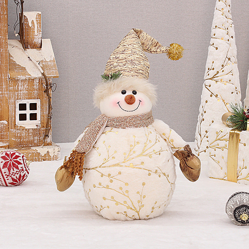 Long velvet snowman with pointed hat in festive setting
