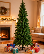 Pencil Christmas tree displayed in a compact space with the metal stand visible at the base