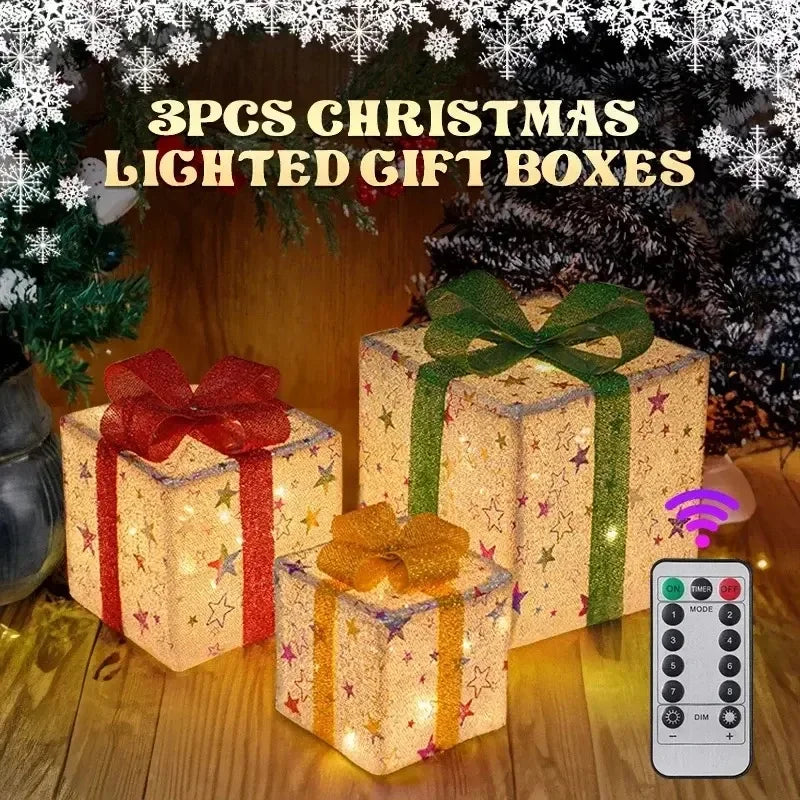 Multicolor LED illuminated Christmas gift boxes with bows decoration