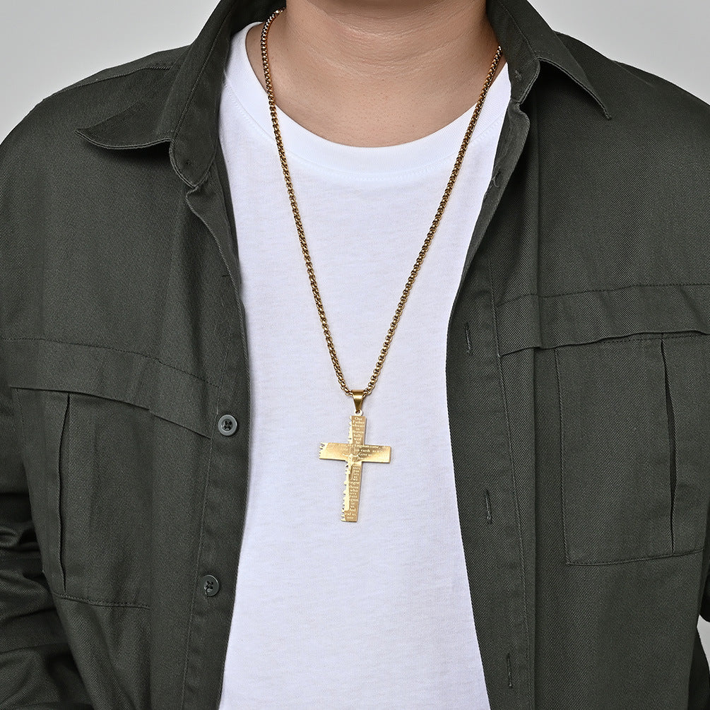 Bold double cross pendant necklace for men in polished titanium steel - Christian faith Main image
