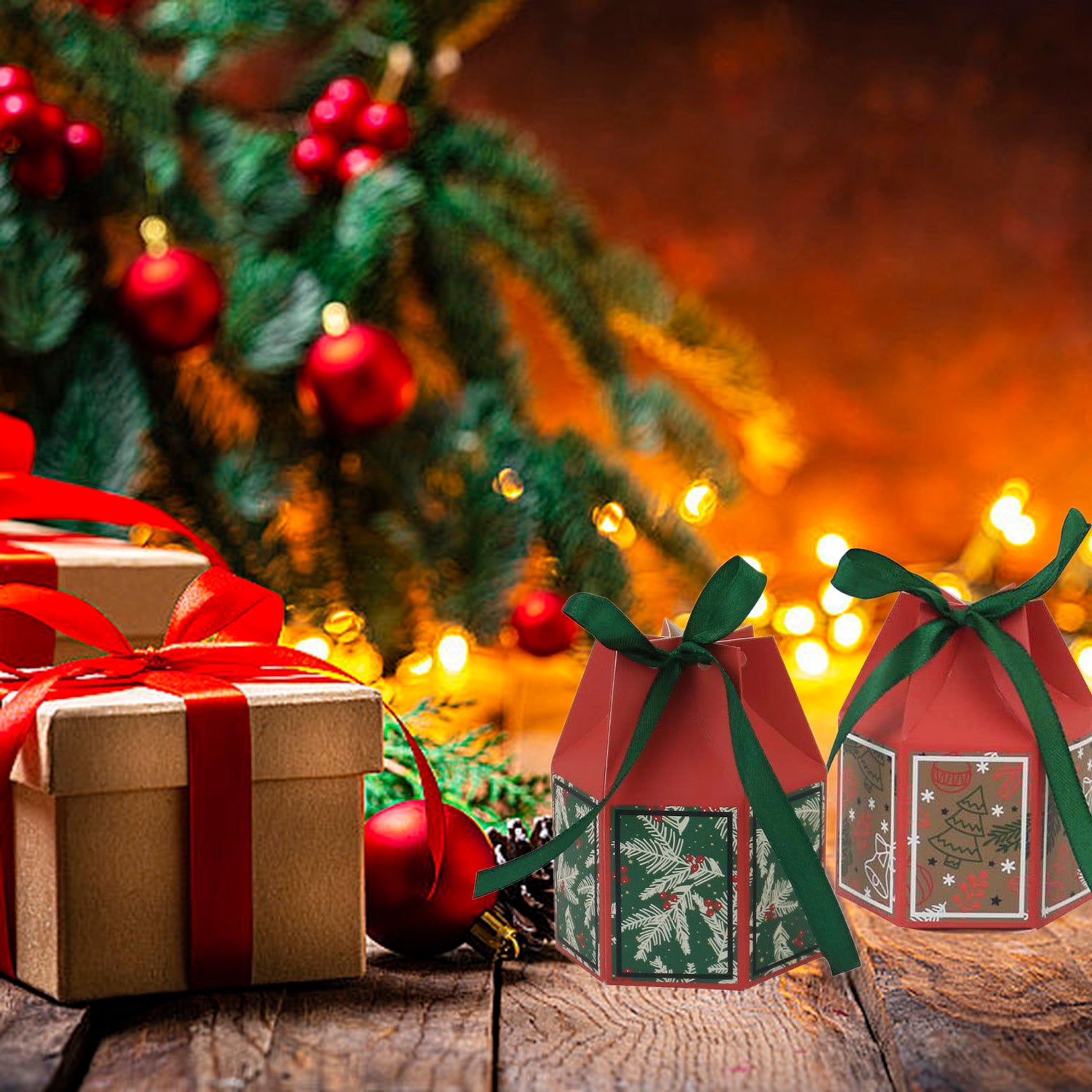Christmas tree bell paper treat box open with visible ribbon detail showing red color option against white background