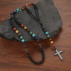 Colorful faith-inspired cross rosary necklace close-up view