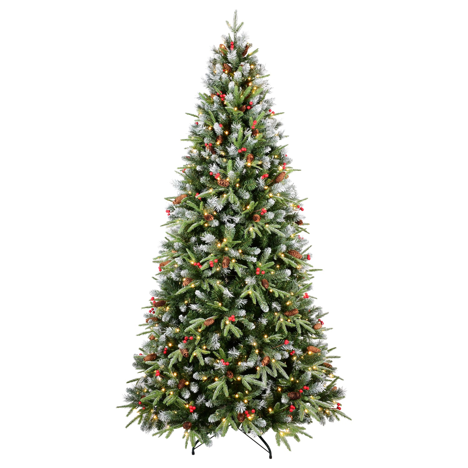 Glowing warm white LED Christmas tree with festive red berry decorations
