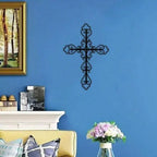 Religious cross wall decor with hollowed pattern for entryway mounting