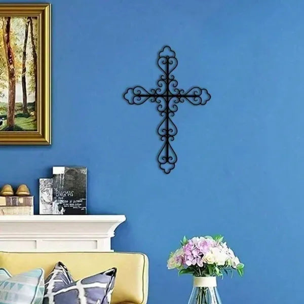 Religious cross wall decor with hollowed pattern for entryway mounting