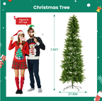 Prelighted pencil Christmas tree with white flocked branches in a cozy evening setting