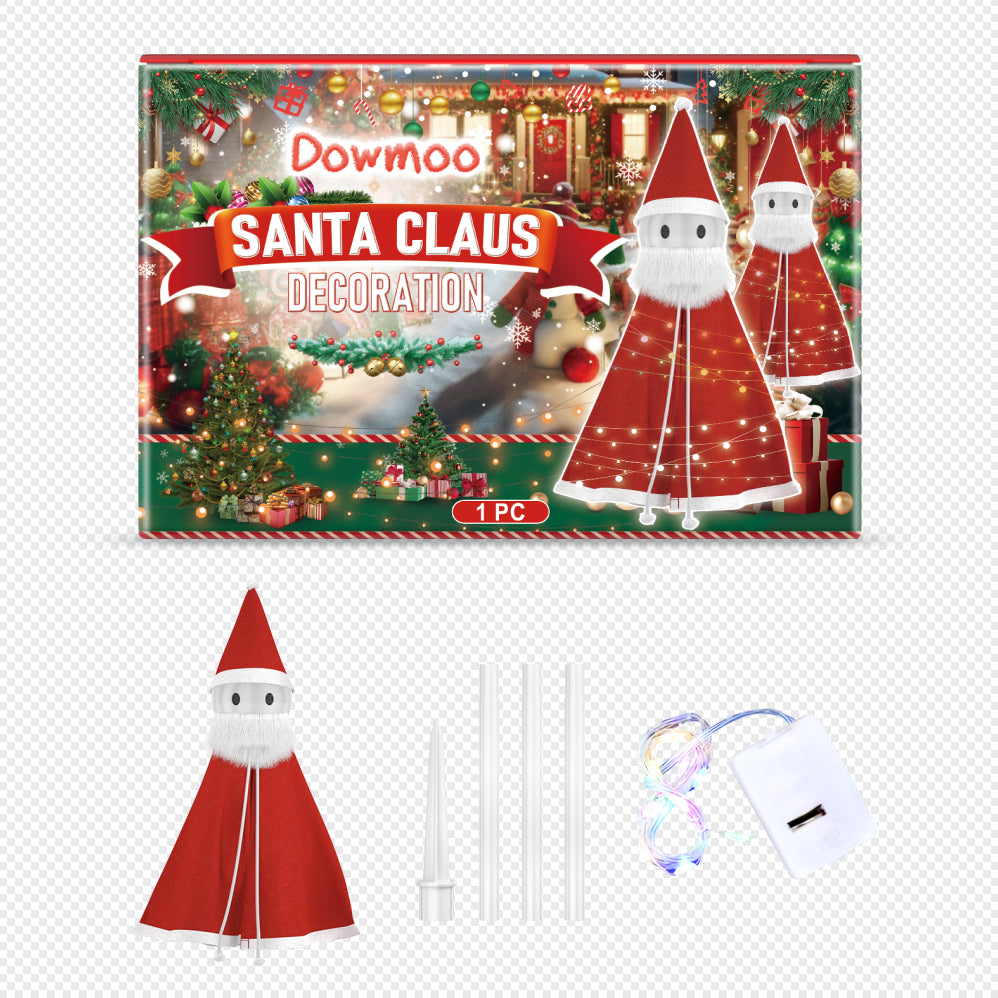 Lighted Santa Claus yard decoration standing in a snowy garden with warm glow, festive Christmas spirit, holiday decor Main image