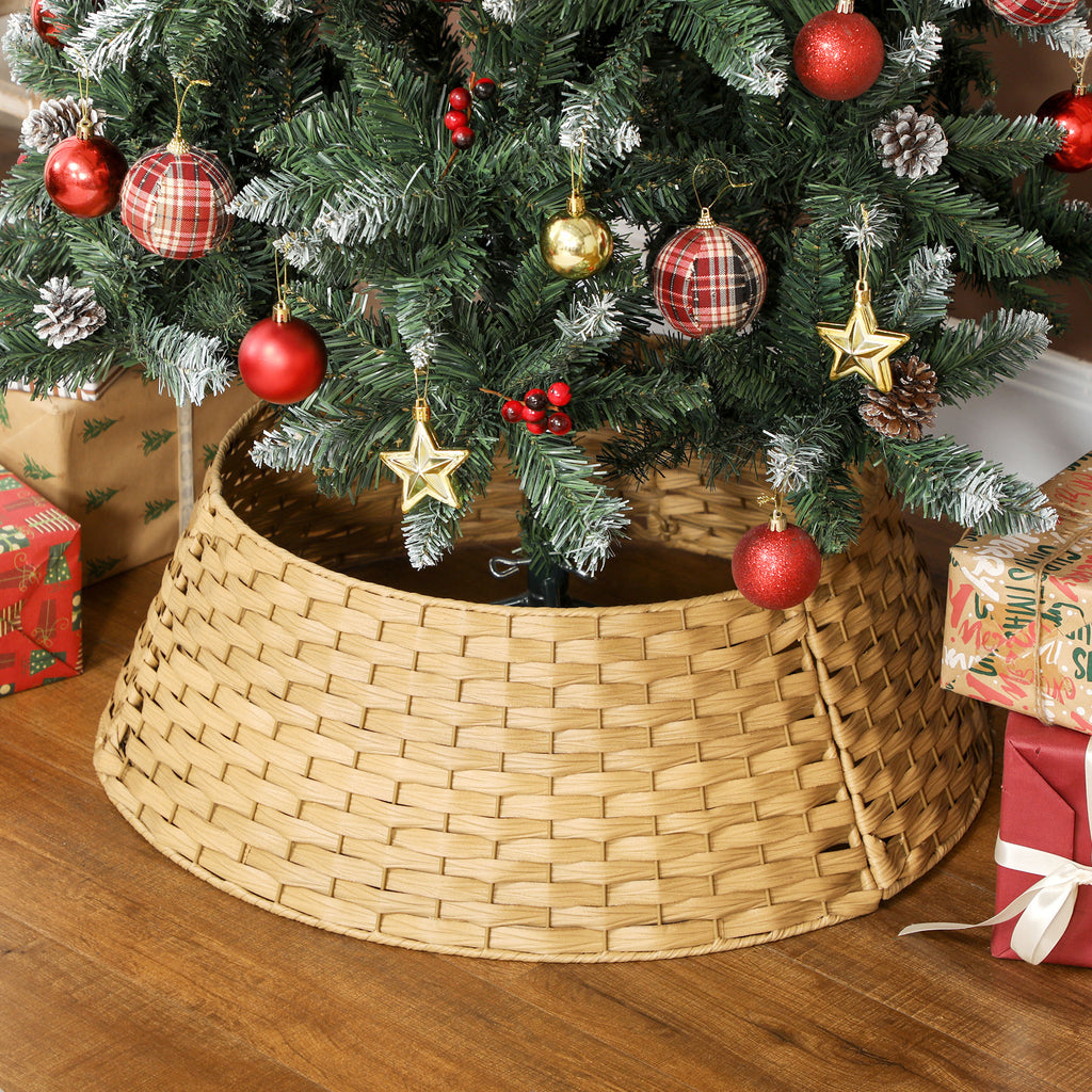 Natural PE Christmas tree collar with metal reinforcement detail in festive arrangement