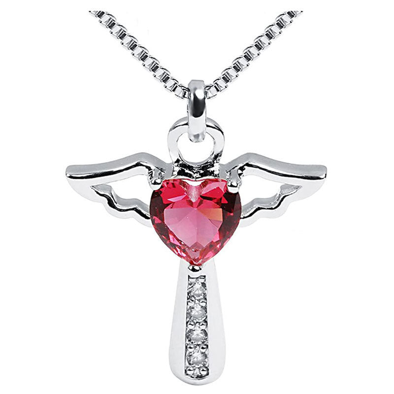 Angel wing and heart pendant necklace in purple and white colors