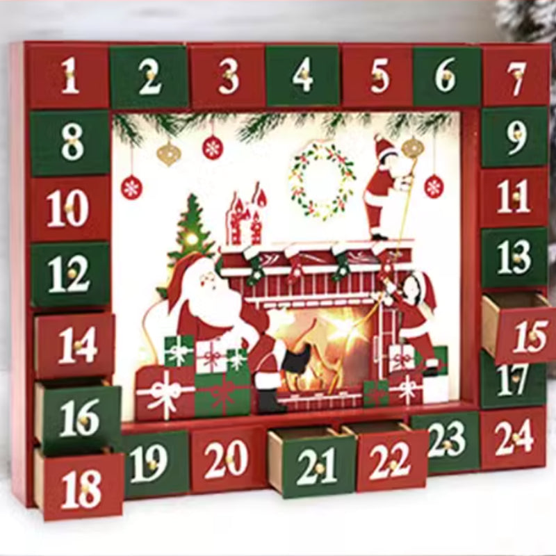 Detailed view of wooden Advent calendar cabinet featuring classic Christmas fireplace-inspired design