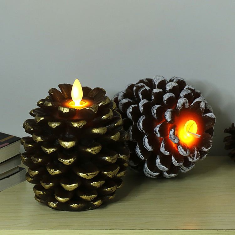 White silver pinecone candle on rustic wooden mantel during Christmas season, Pinecone Christmas Candle, warmth