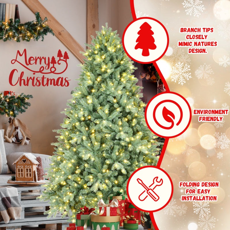 Decorated green Christmas tree with warm white lights and ornament hooks visible