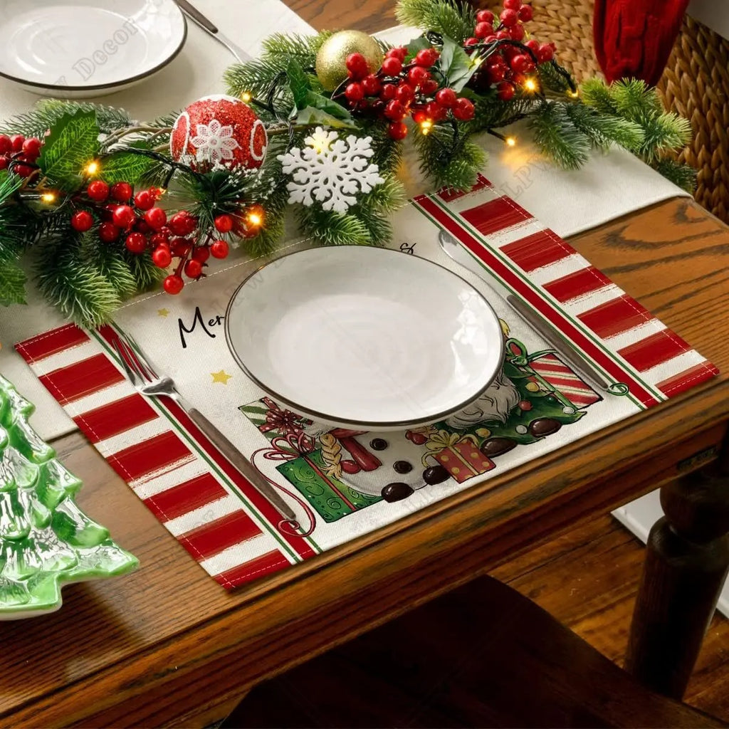 Set of linen placemats displayed in a tasteful Christmas dining arrangement