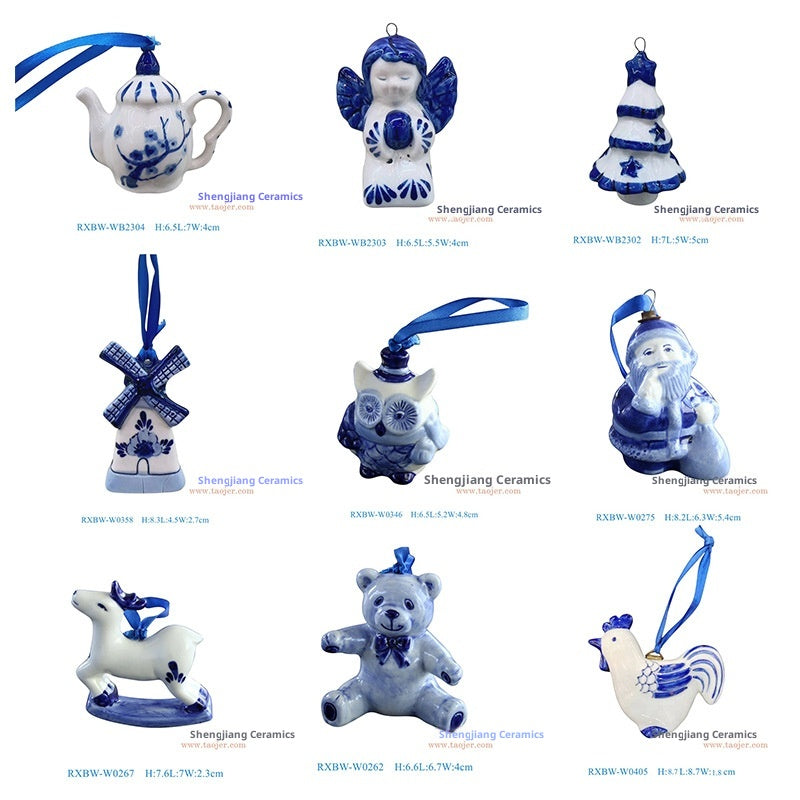 Blue and white porcelain pendant ornament displayed on a decorated tree
