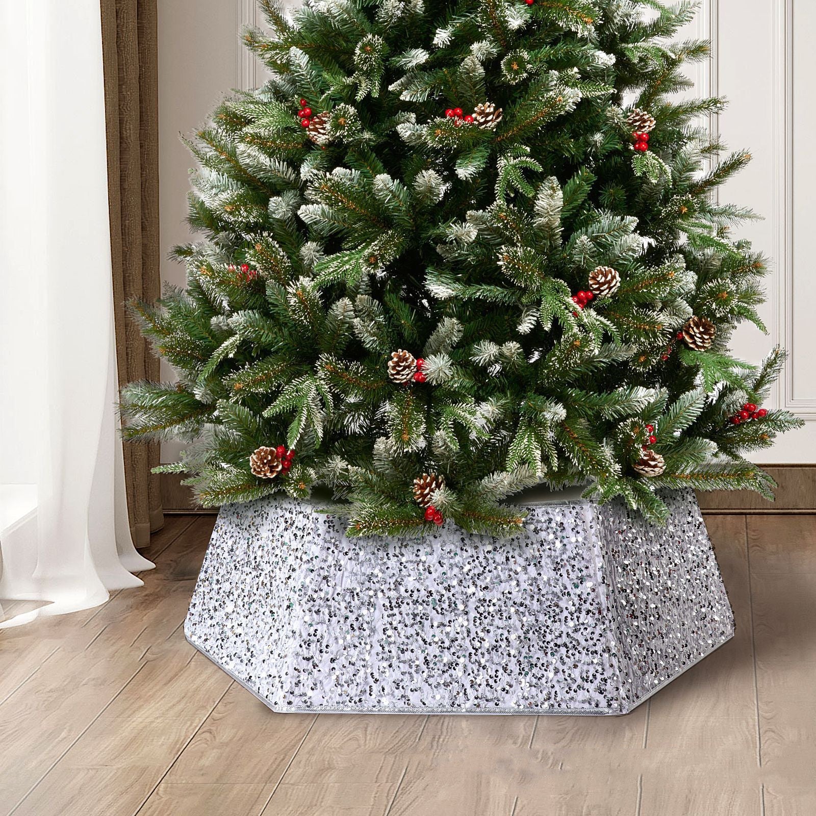 Red sequin Christmas tree skirt festive holiday home decor