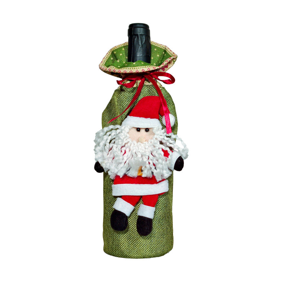 Holiday-decorated wine bottles with cloth covers for seasonal entertaining