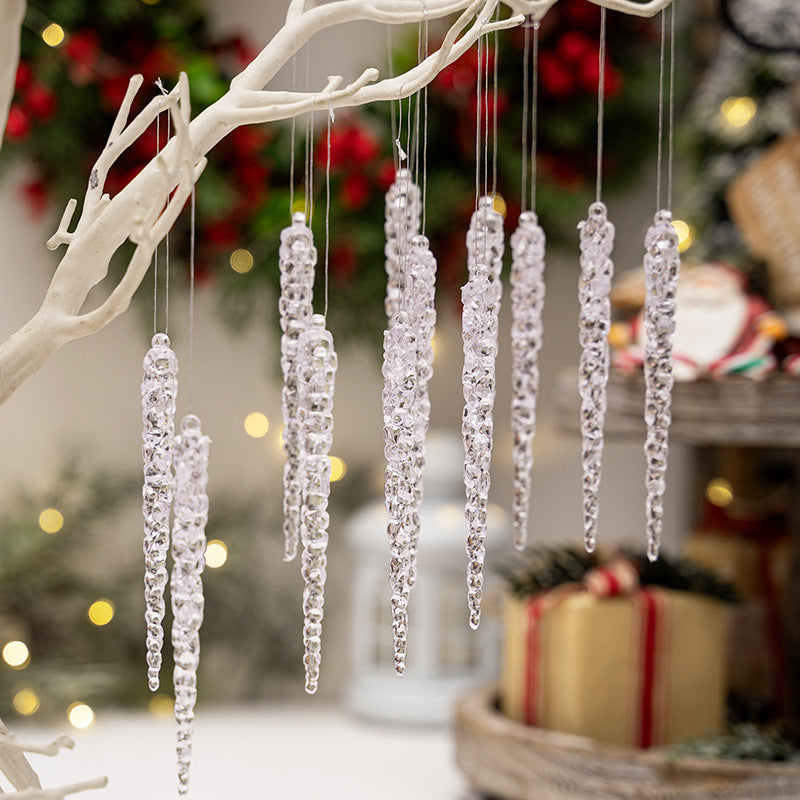 Transparent acrylic icicle Christmas ornaments set displayed on a tree