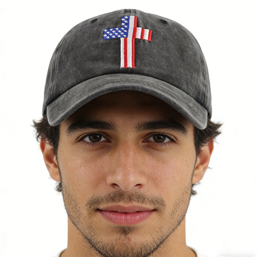 Baseball cap laid flat to display the full embroidered front design with cross and American flag