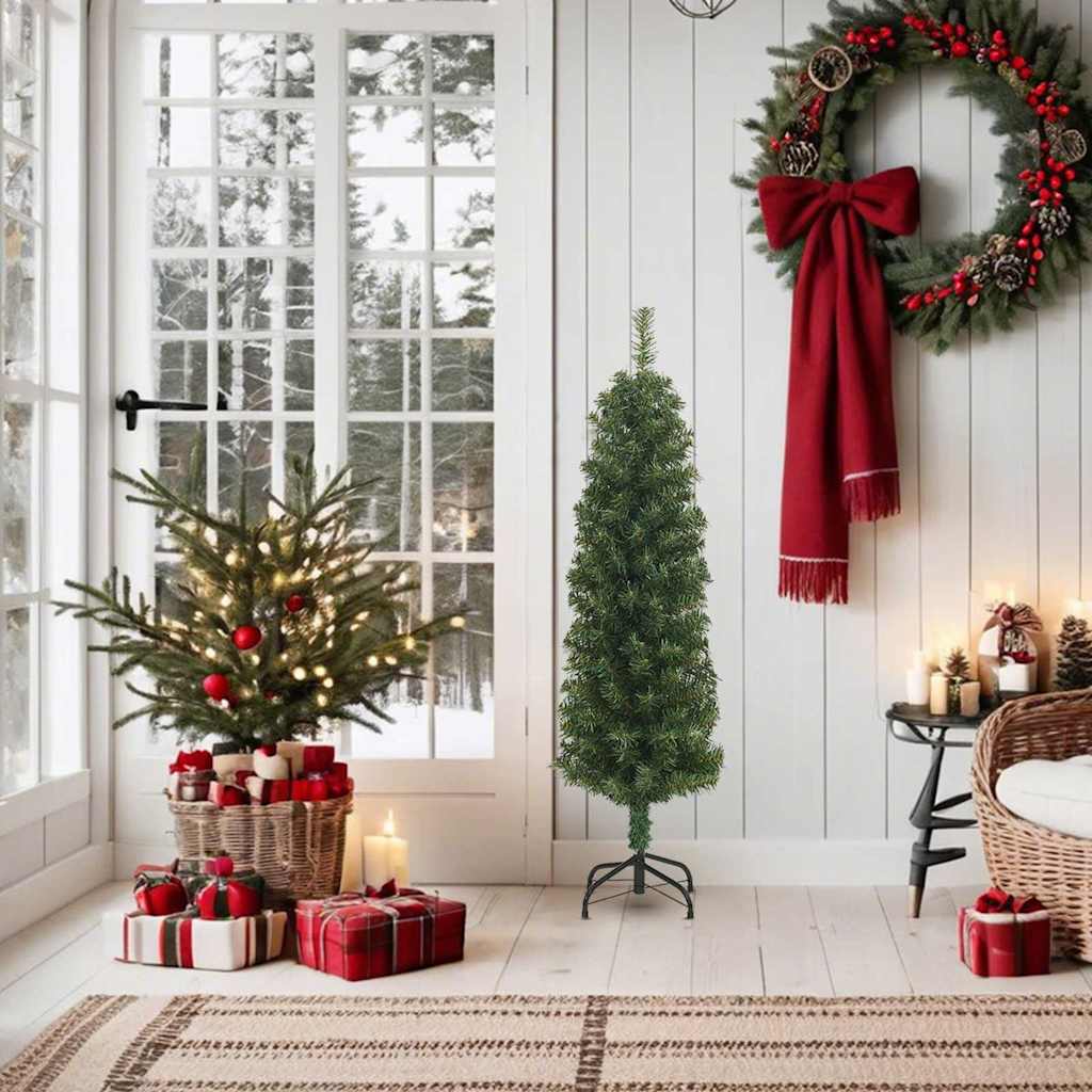 Green Christmas tree with red ornaments and gifts around base